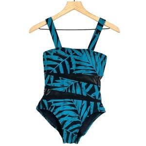 NWT Carmen Marc Valvo Tropical Leaf Print One Piece Swimsuit Size 8 Mesh Cut Out